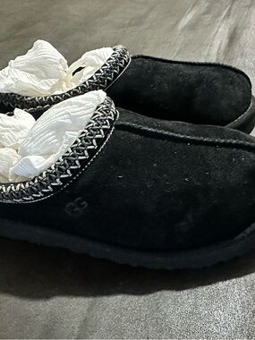 UGG Black Suede Braided-Trim Moccasin Slippers